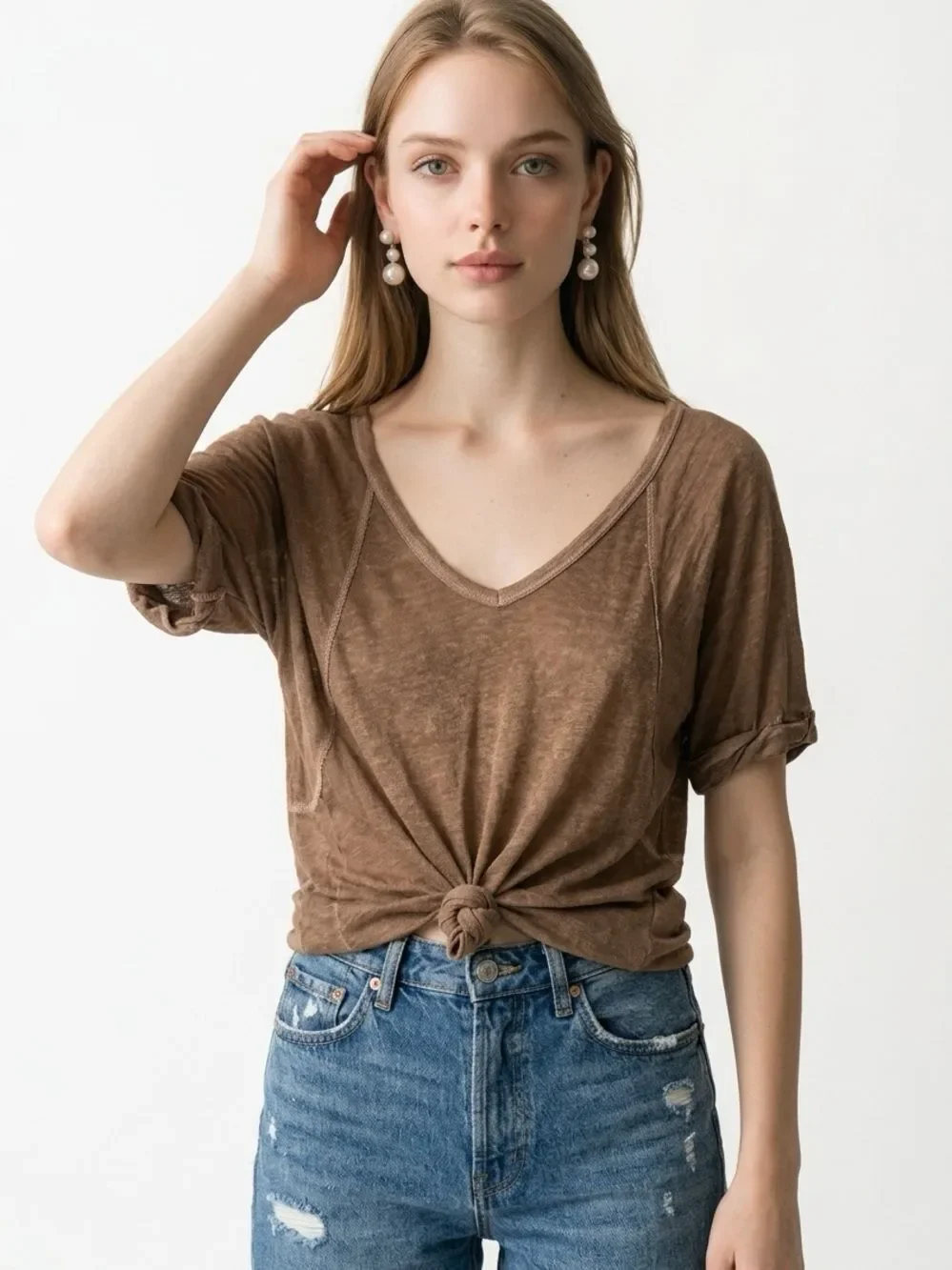 FREE PEOPLE | WE THE FREE V-Neck Oversized Burnout Tee in Brown Women’s Size XS
